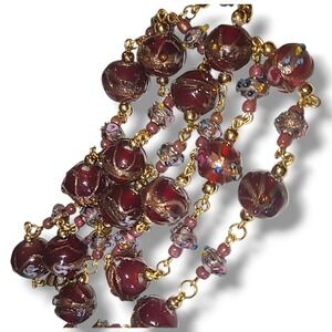 Wedding Cake Lampwork Glass Bead Necklace Gold Tone Chain 30"